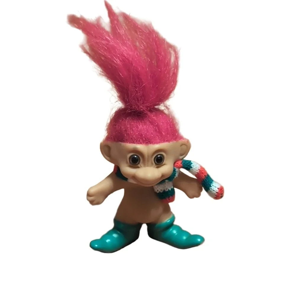 Russ Troll Doll Pink Hair Green Boots Striped Scarf Vintage Plastic Toy